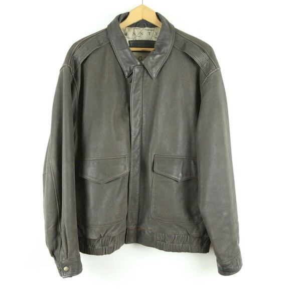 Vintage Mens Large Chocolate Brown Leather Bomber Jacket 90s Grunge Military Dad